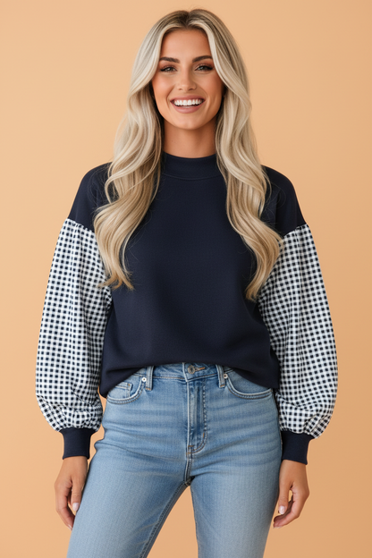 Gingham Navy Mock Neck