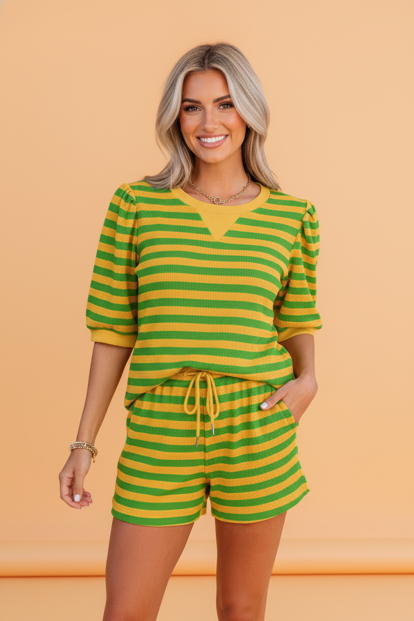Stripe Puff Sleeve Shorts Set