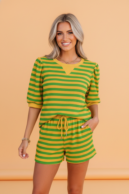 Stripe Puff Sleeve Shorts Set