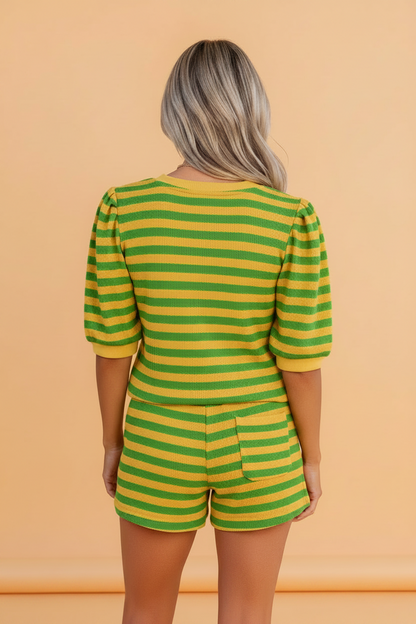 Stripe Puff Sleeve Shorts Set