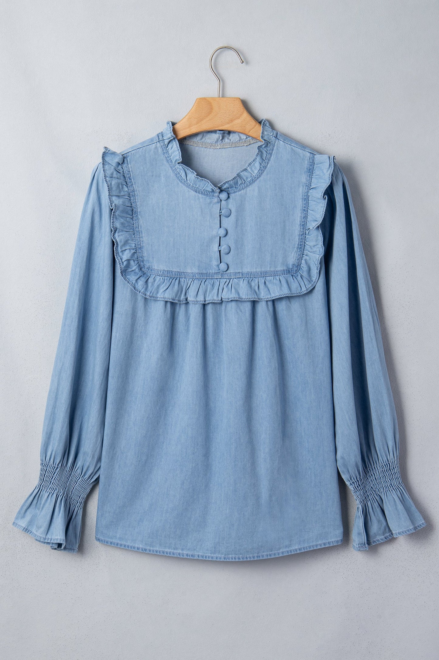 Chambray Ruffle Sleeve Blouse