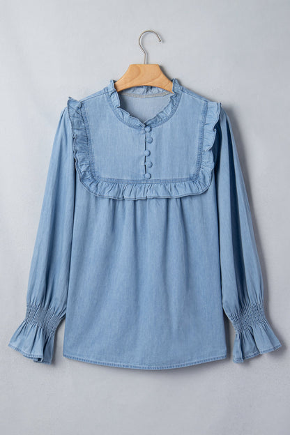 Chambray Ruffle Sleeve Blouse