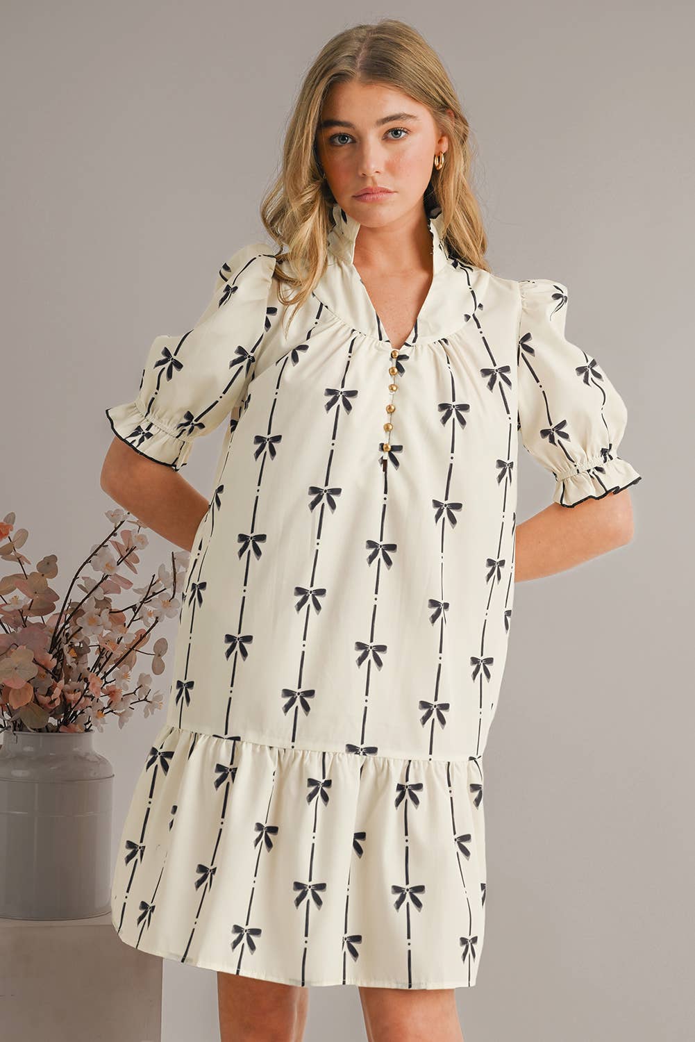 Bowknot Print Puff Sleeve Mini Dress