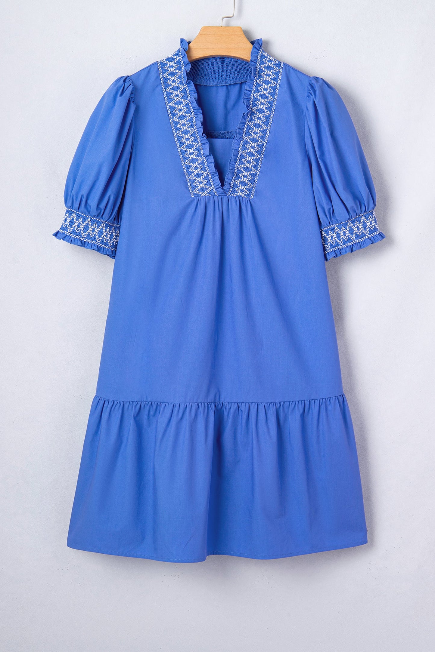 Embroidered Smocked Puff Sleeve Dress