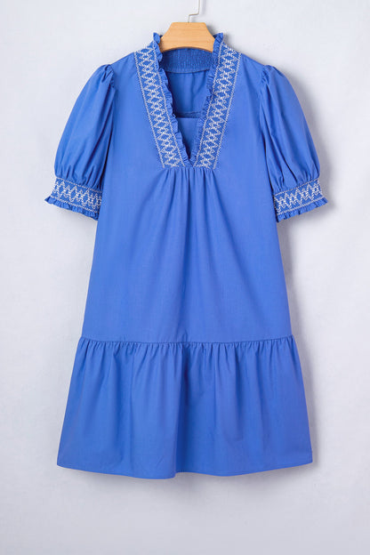 Embroidered Smocked Puff Sleeve Dress