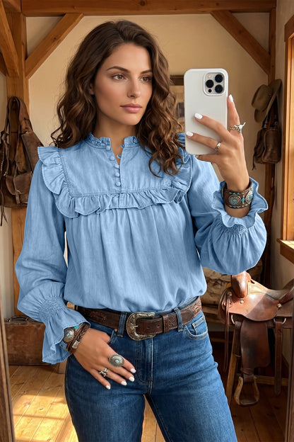Chambray Ruffle Sleeve Blouse