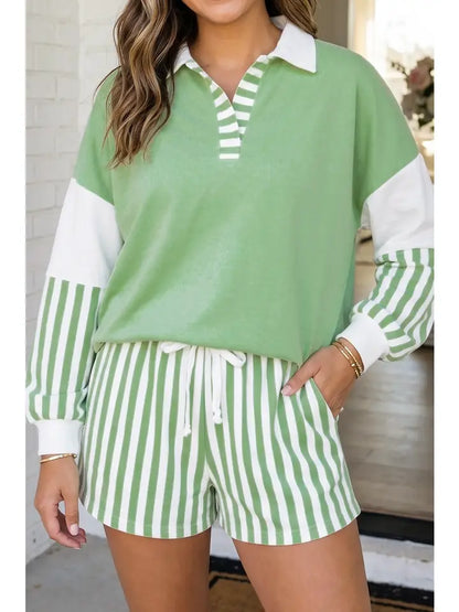 Stripe Colorblock Pullover Top & Drawstring Shorts Set