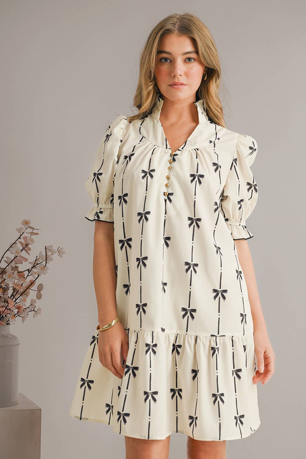 Bowknot Print Puff Sleeve Mini Dress