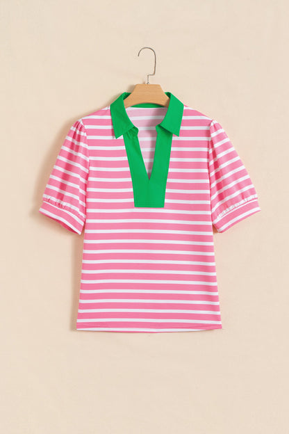 Stripe Colorblock Puff Sleeve Polo Collar Blouse