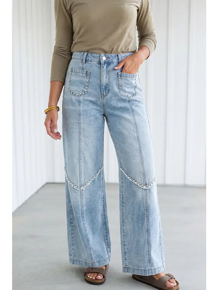 Studded Frayed Denim Jeans