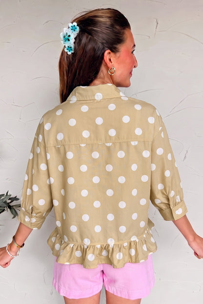 Polka Dot 3/4 Sleeve Ruffle Hem Shirt