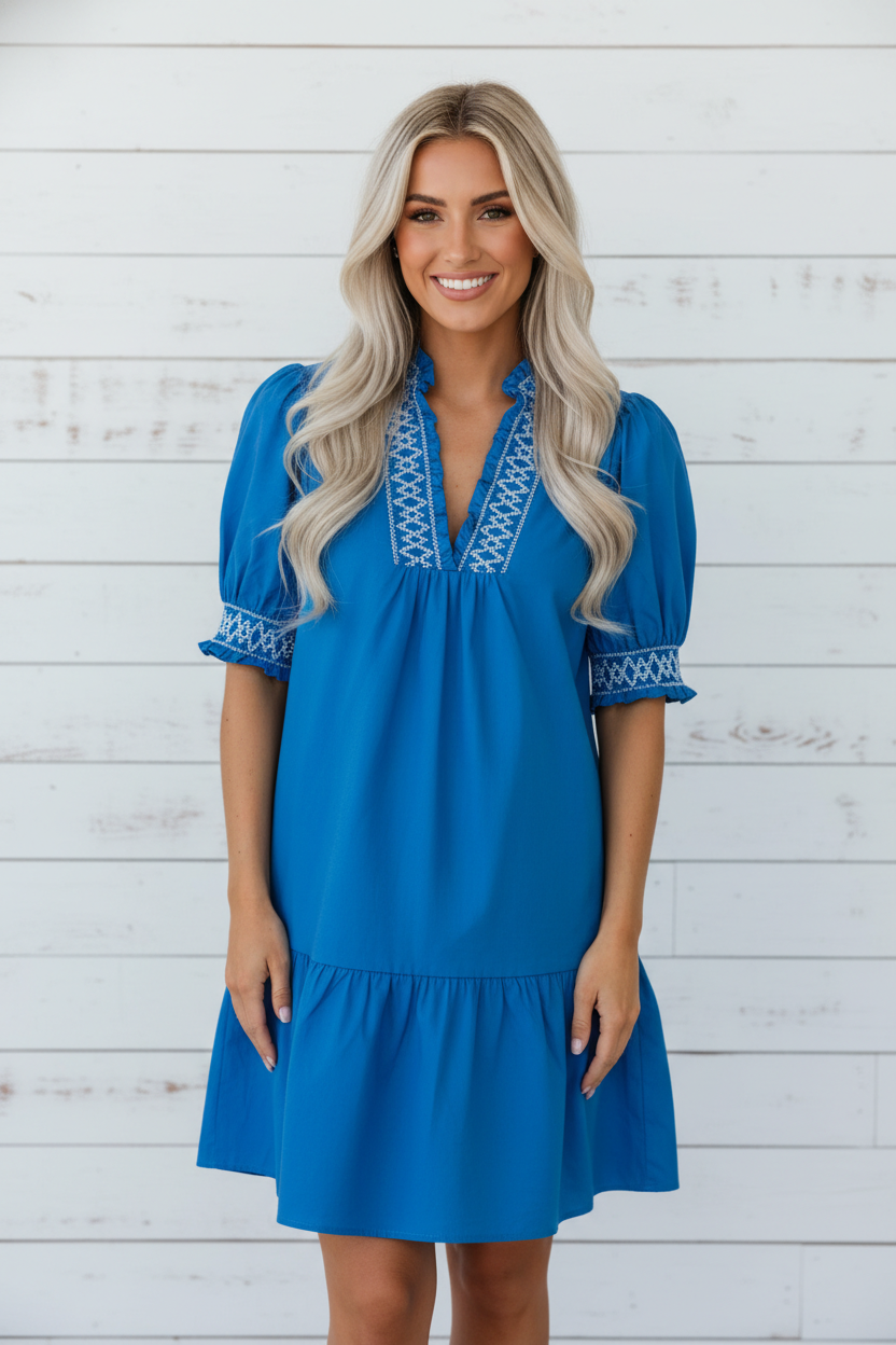 Embroidered Smocked Puff Sleeve Dress