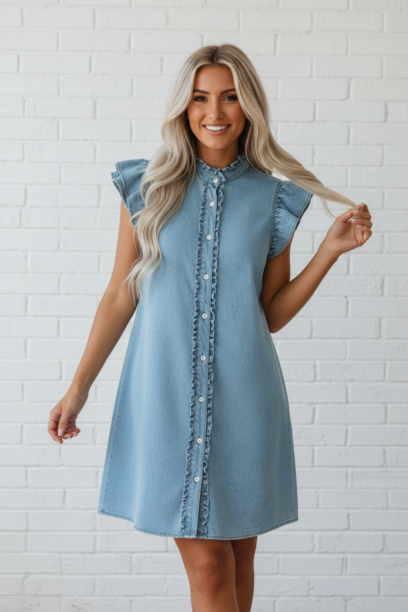 Frilled Button Down Denim Dress