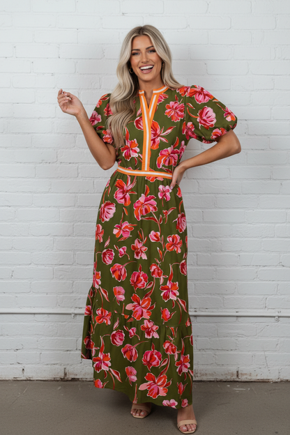 Floral Stripe Trim Maxi Dress
