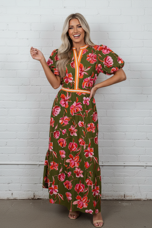 Floral Stripe Trim Maxi Dress