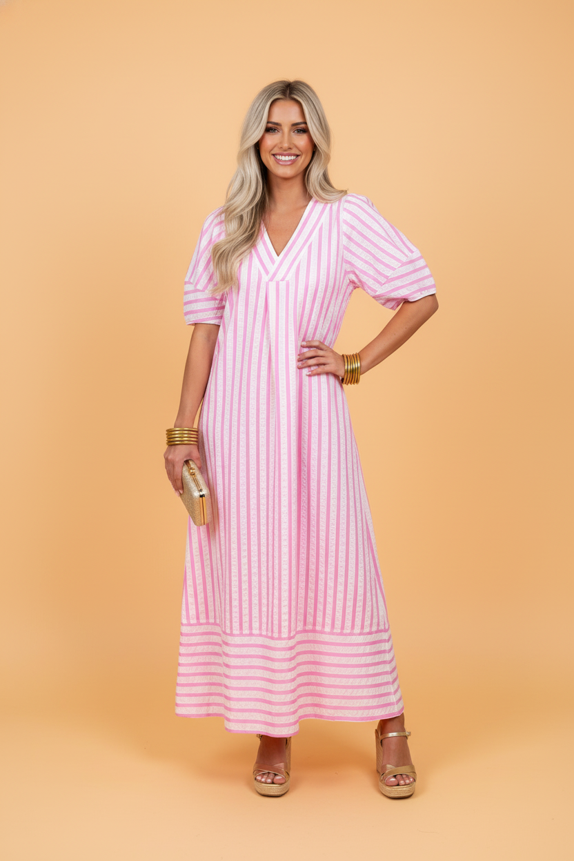 Stripe Short Sleeve V-Neck Maxi Dress