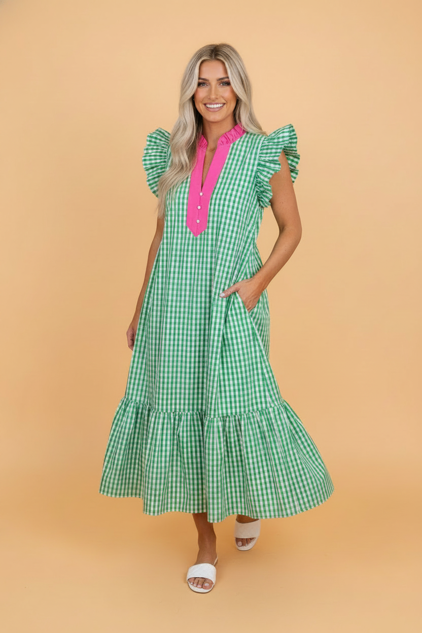 Gingham Ruffle Sleeve Dress
