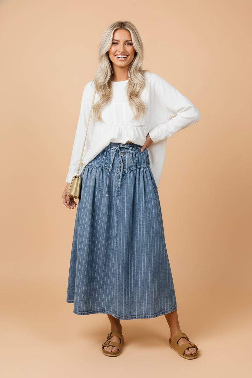 Denim Button Pleated Skirt
