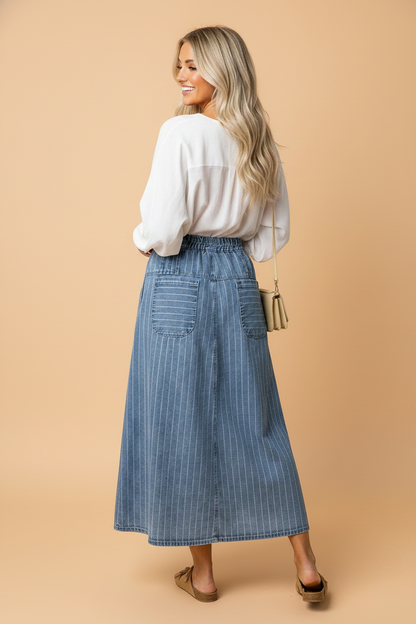 Denim Button Pleated Skirt