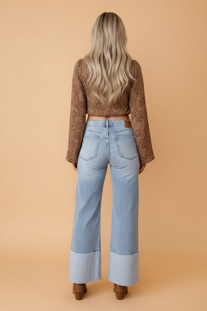 Denim Turn-Up Cuffs Wide Leg Jeans