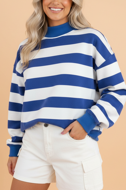 Stripe Colorblock Mock Neck Long Sleeve Sweatshirt