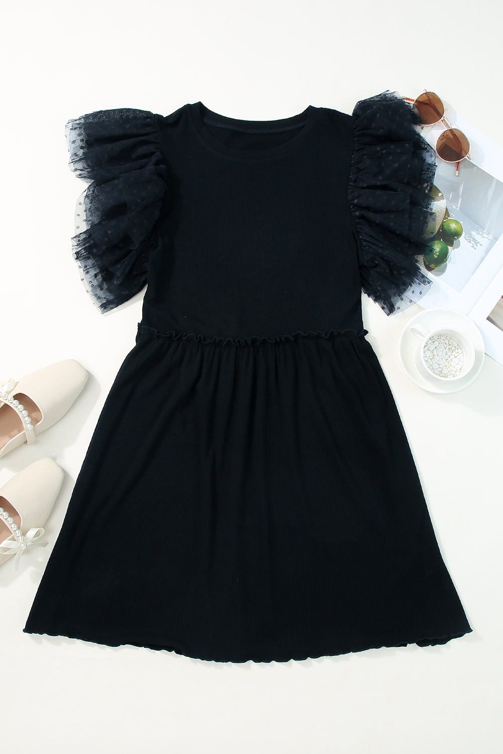 Dotted Mesh Ruffle Sleeve Dress