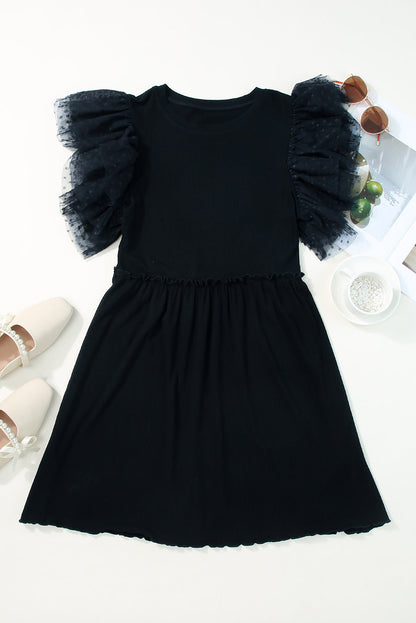 Dotted Mesh Ruffle Sleeve Dress