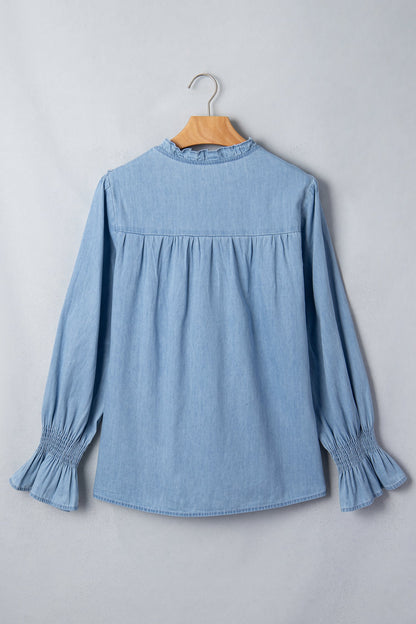 Chambray Ruffle Sleeve Blouse