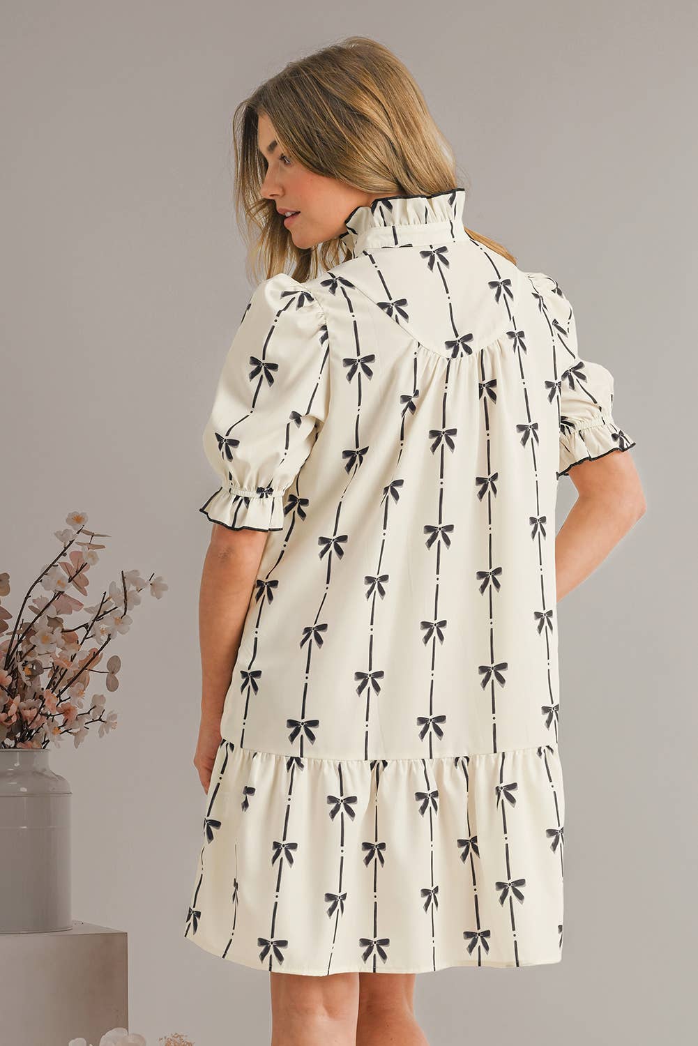 Bowknot Print Puff Sleeve Mini Dress