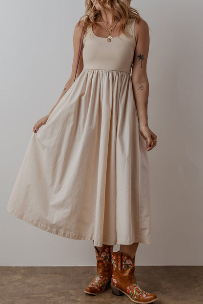 Ribbed Bodice Pleated Maxi Dress