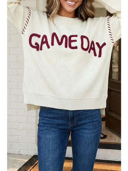 Game Day Embroidered Reverse Seam Drop Shoulder Sweater