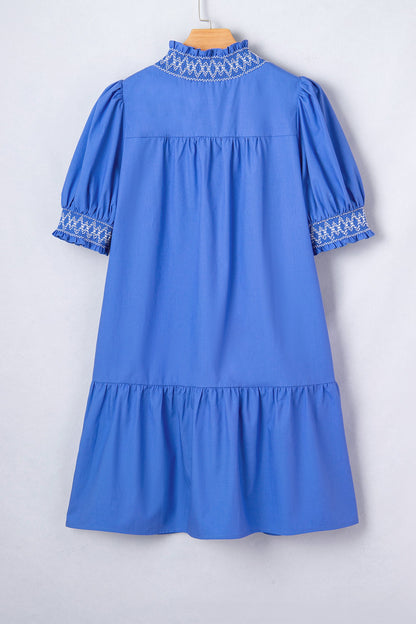 Embroidered Smocked Puff Sleeve Dress