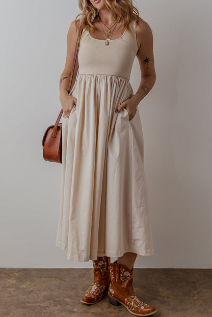 Ribbed Bodice Pleated Maxi Dress