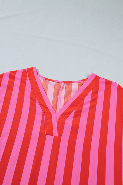 Stripe V-Neck Cuffed Sleeve Split Midi Dress