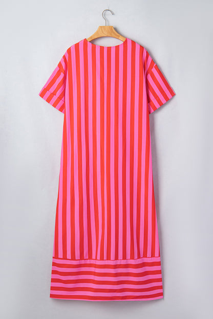 Stripe V-Neck Cuffed Sleeve Split Midi Dress