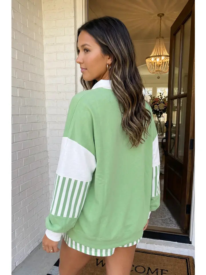 Stripe Colorblock Pullover Top & Drawstring Shorts Set