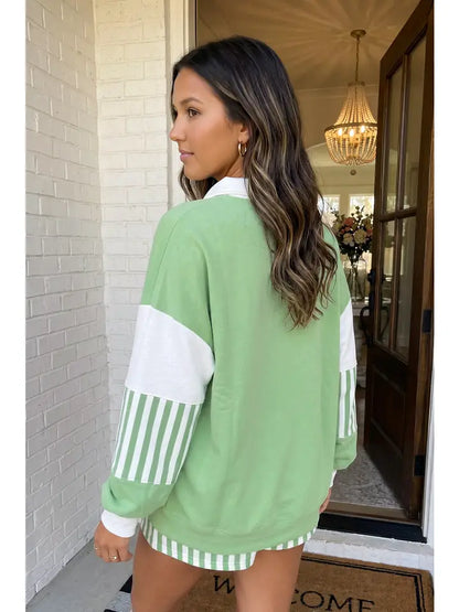 Stripe Colorblock Pullover Top & Drawstring Shorts Set
