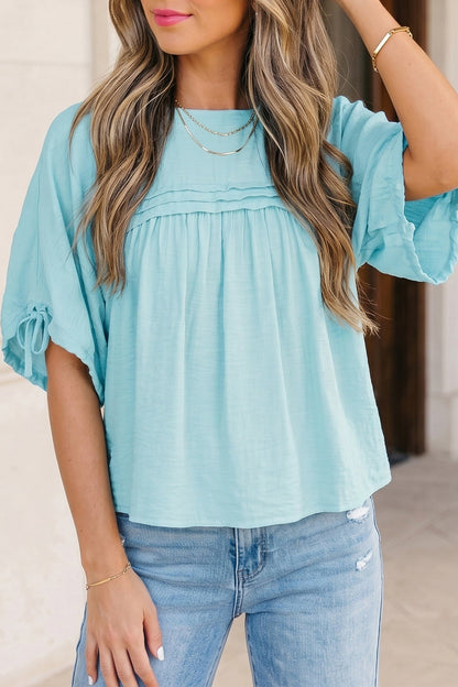 Solid Pleated Tie Sleeve Babydoll Blouse