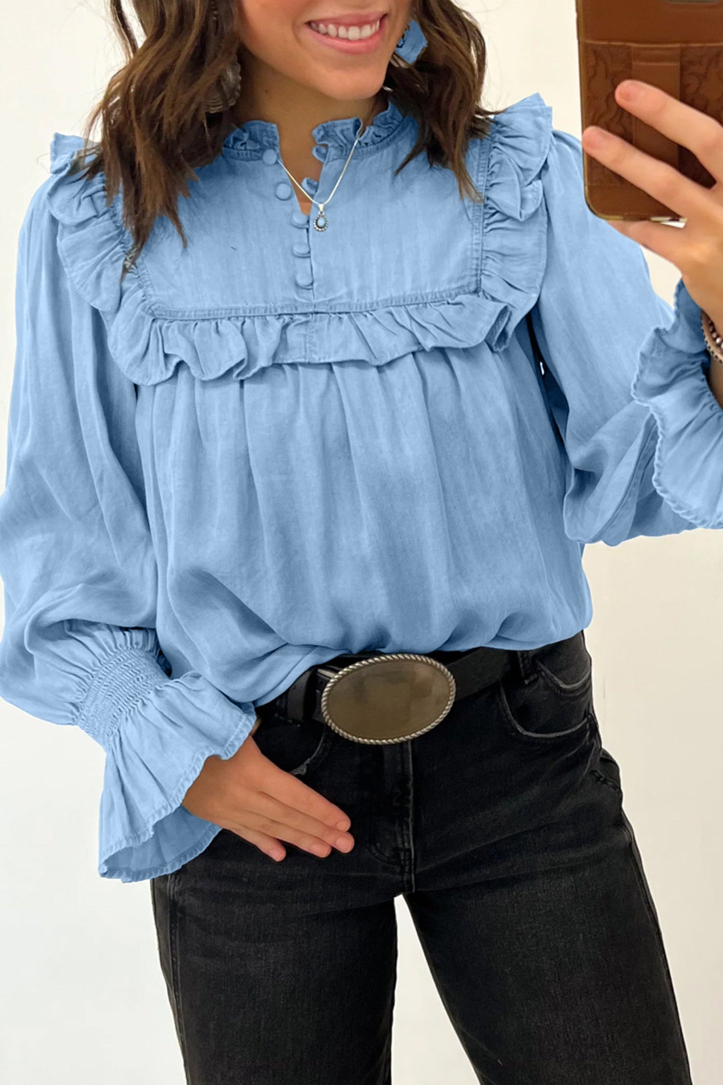 Chambray Ruffle Sleeve Blouse