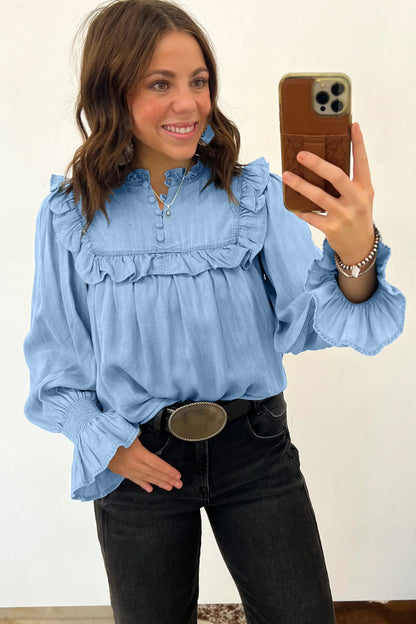 Chambray Ruffle Sleeve Blouse