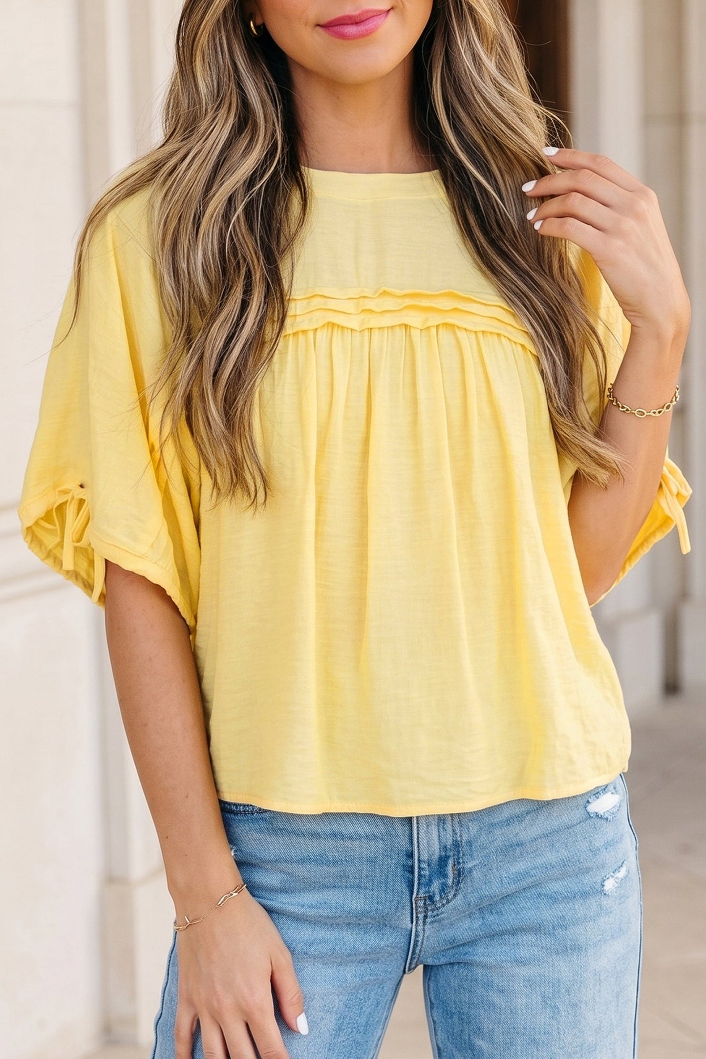 Solid Pleated Tie Sleeve Babydoll Blouse