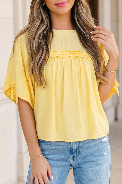 Solid Pleated Tie Sleeve Babydoll Blouse