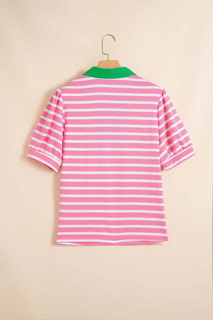 Stripe Colorblock Puff Sleeve Polo Collar Blouse
