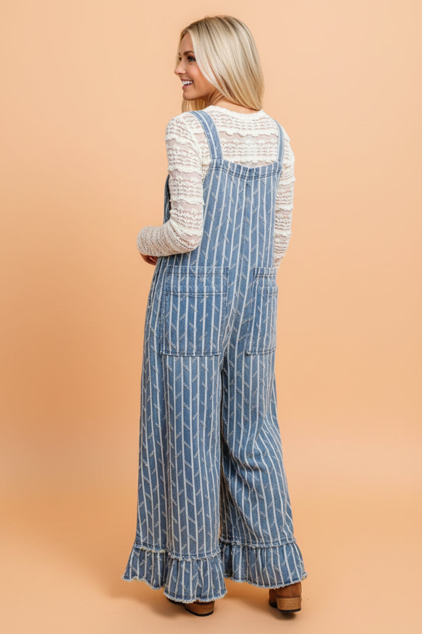 Distressed Denim Wide Leg Overalls