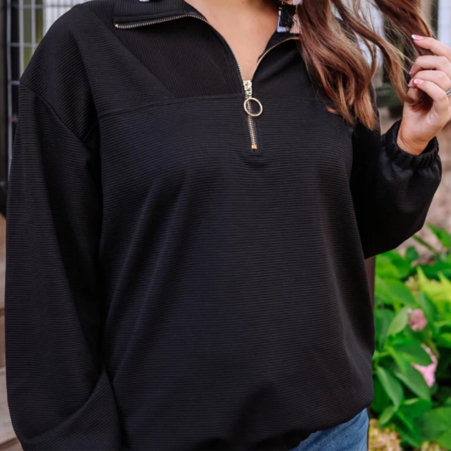 Black Ribbed Quarter Zip Pullover